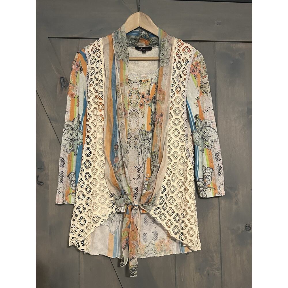 Vintage Alberto Makali Top Small Floral Beaded Crochet Sheer Shawl Stretchy Y2k